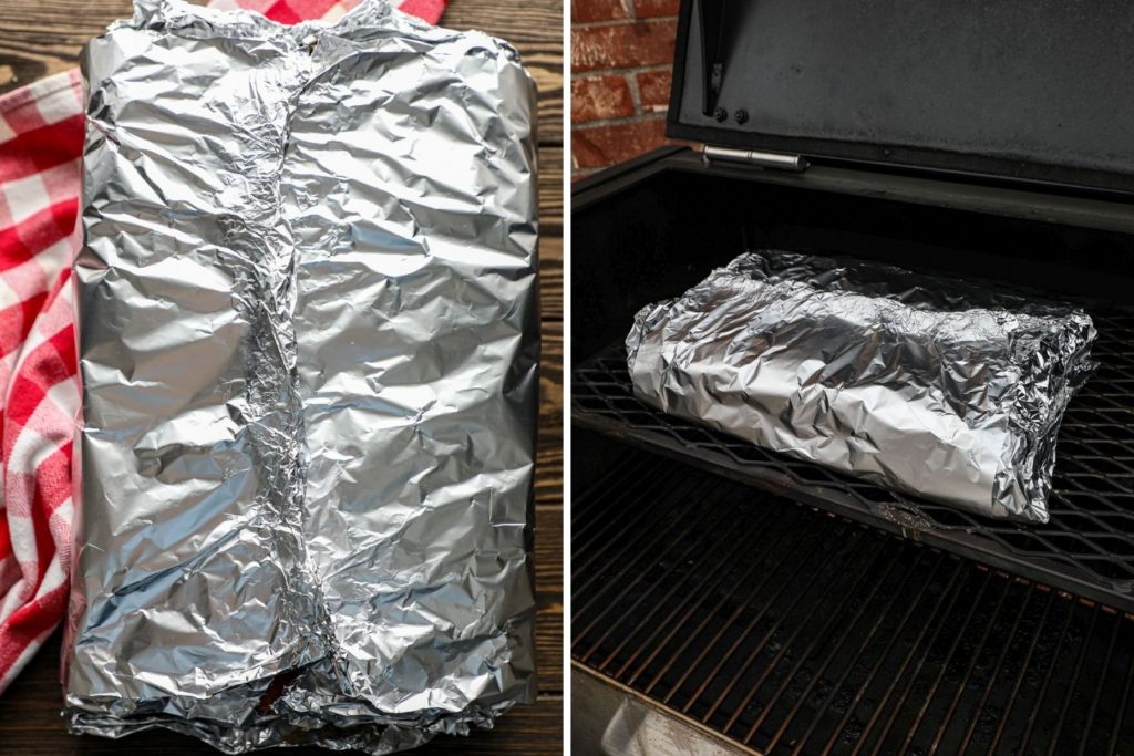 Sliders wrapped in foil on the smoker