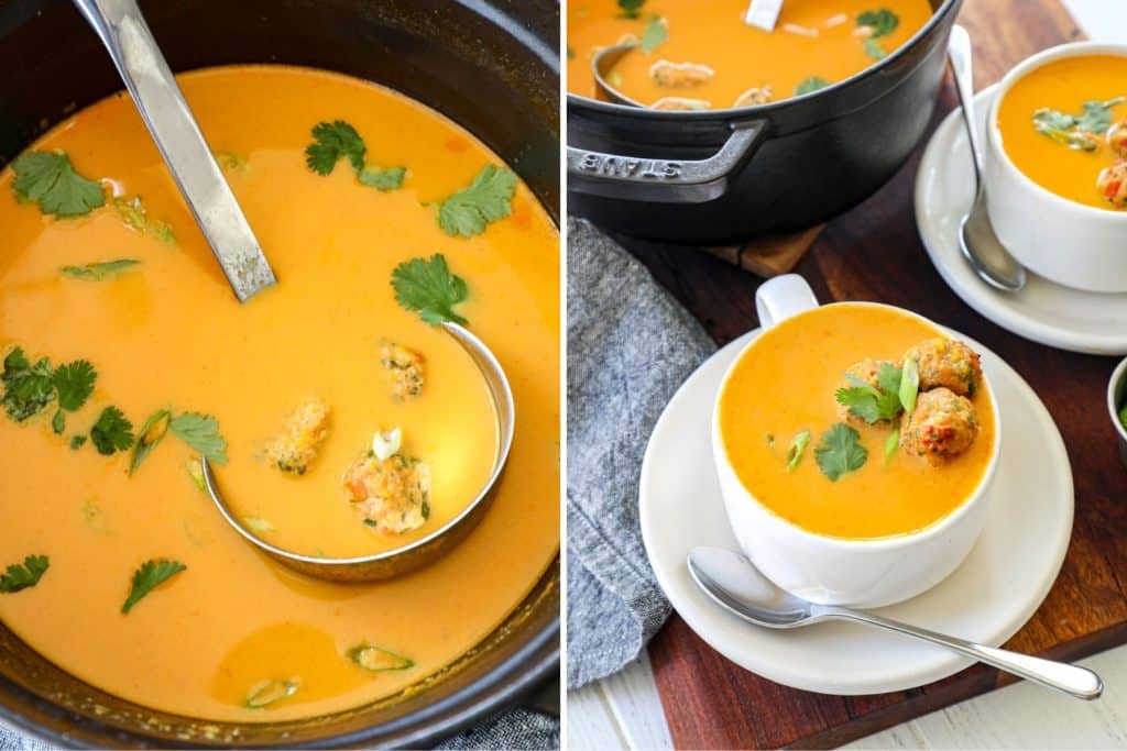 Coconut Curry Butternut Squash Soup with Thai Chicken Meatballs