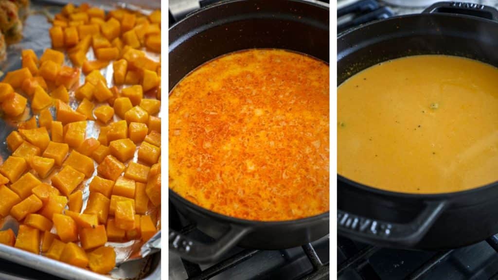 Creating the curry and butternut squash soup base in a pot