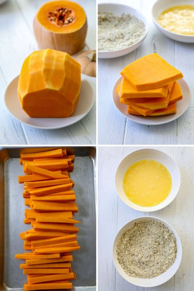 Slicing the butternut squash into fries and dredging them