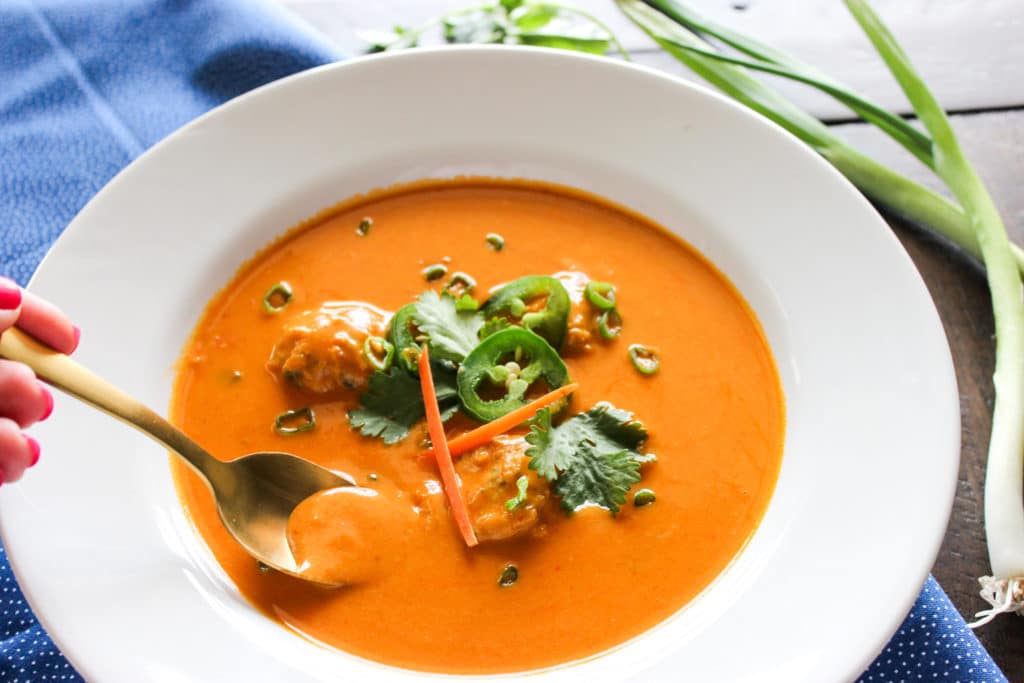 Coconut Curry Butternut Squash Soup with Thai Chicken Meatballs
