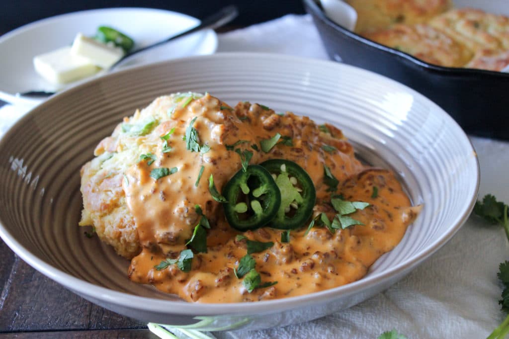 jalapeno cheddar biscuits with chorizo sausage gravy