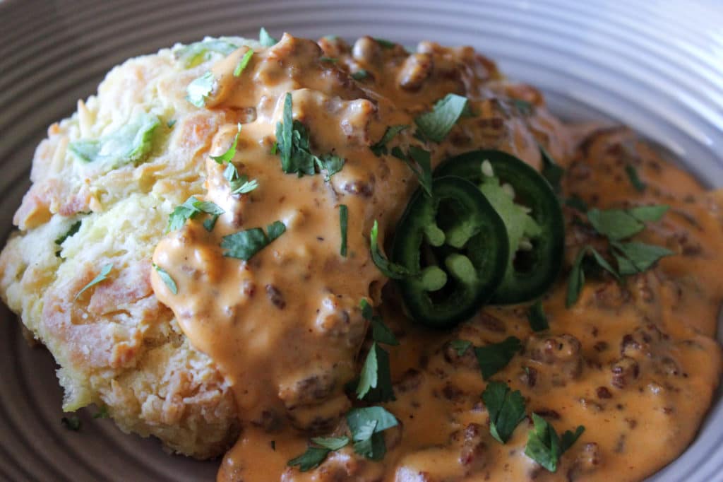 Jalapeno Cheddar Biscuits with Chorizo Sausage Gravy Bonappeteach