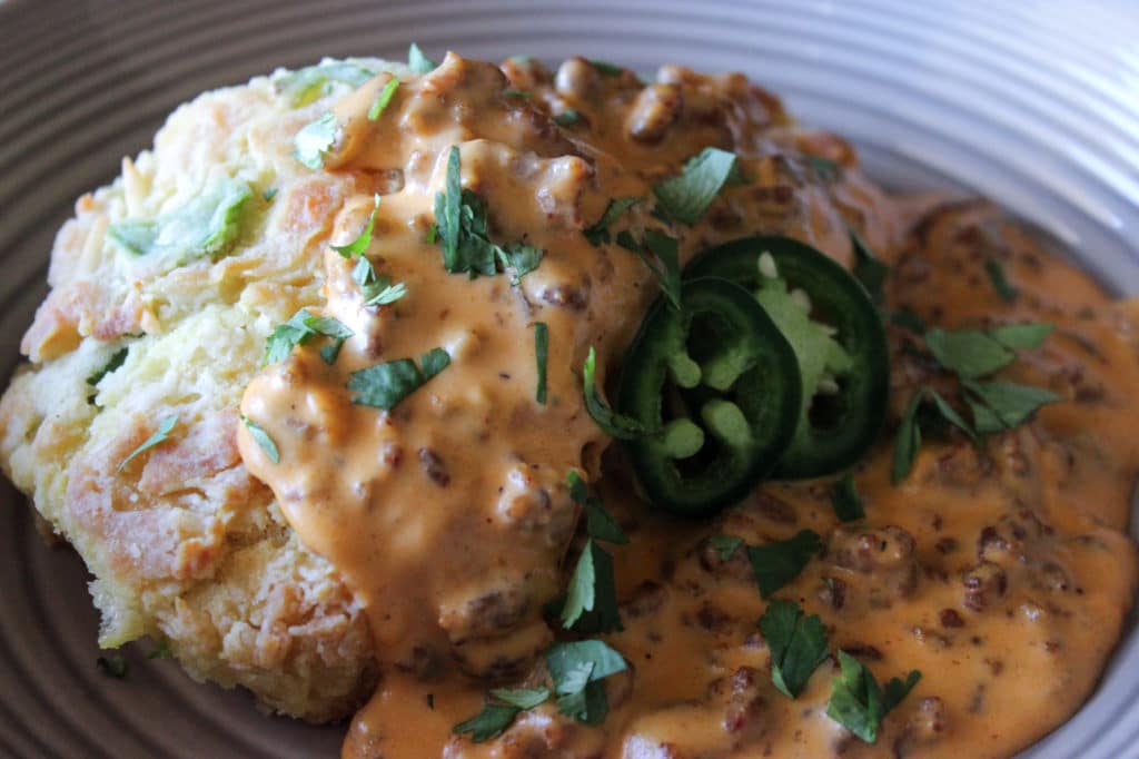 jalapeno cheddar biscuits with chorizo sausage gravy