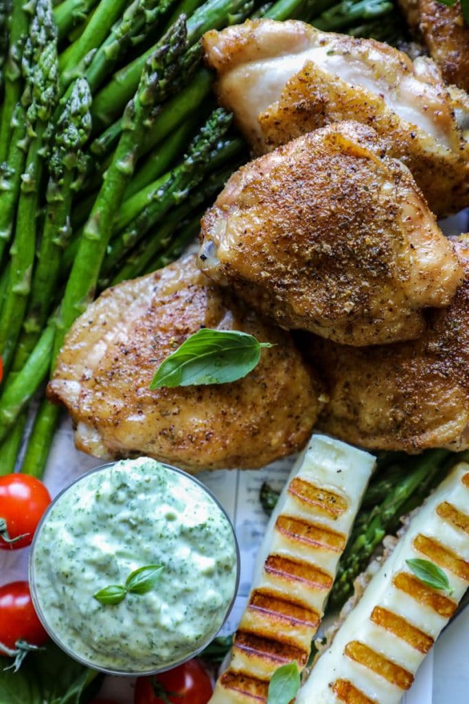 Smoked chicken thighs with garlic basil aioli