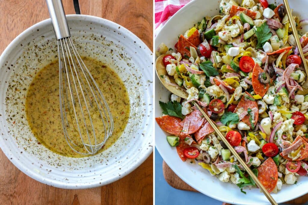 dressing the cauliflower antipasto salad