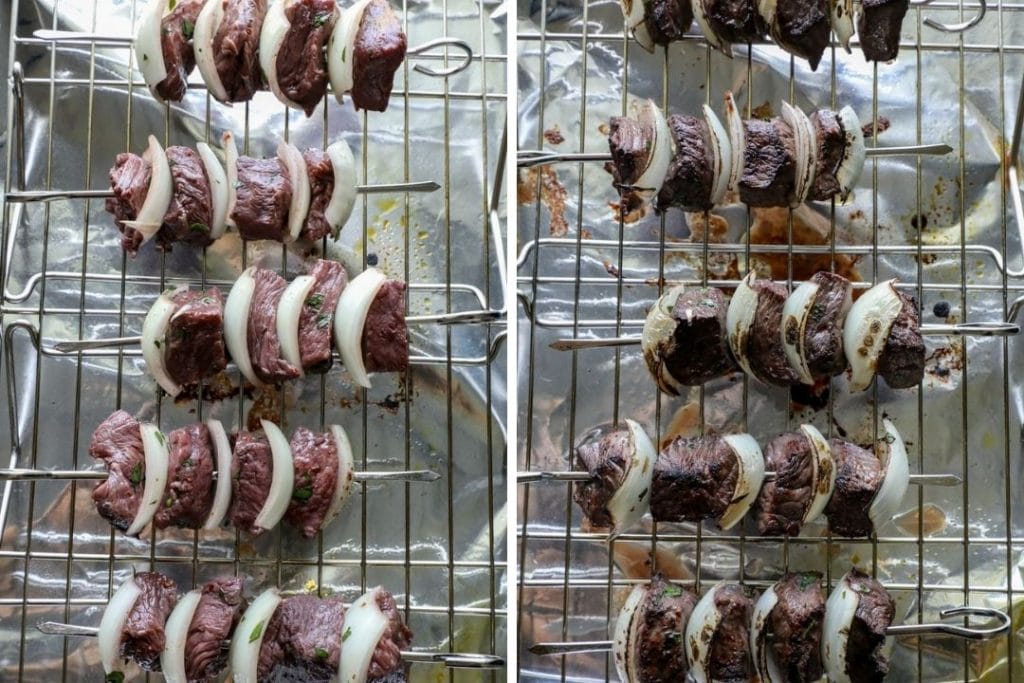 Shish kebabs on a baking sheet