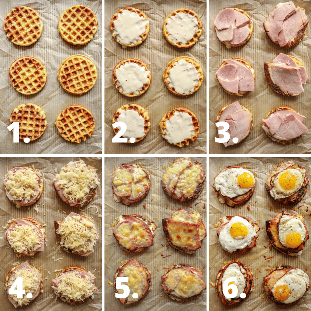 6 step by step photos of assembling the croque madame. 