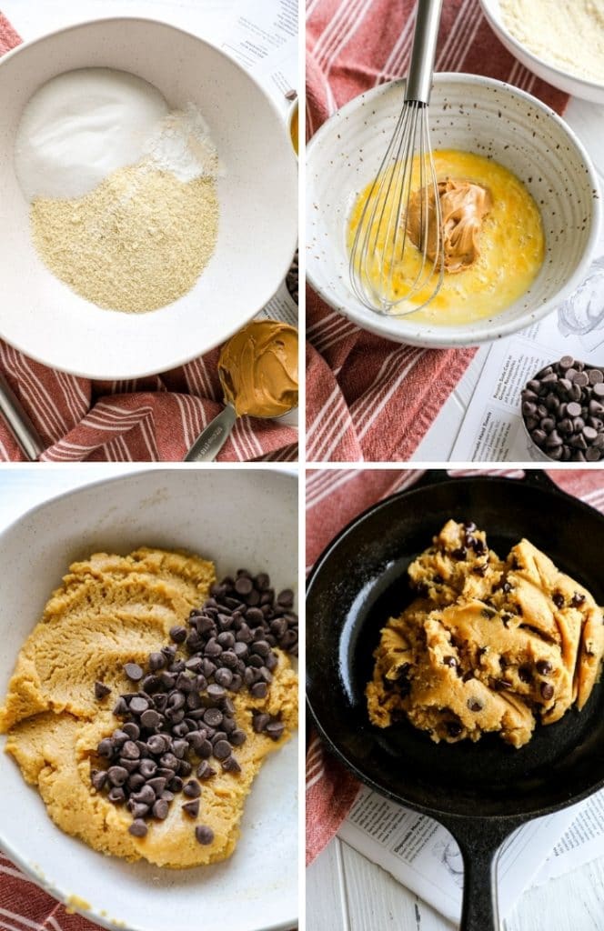 Keto Skillet Peanut Butter Chocolate Chip Cookie dough making process.