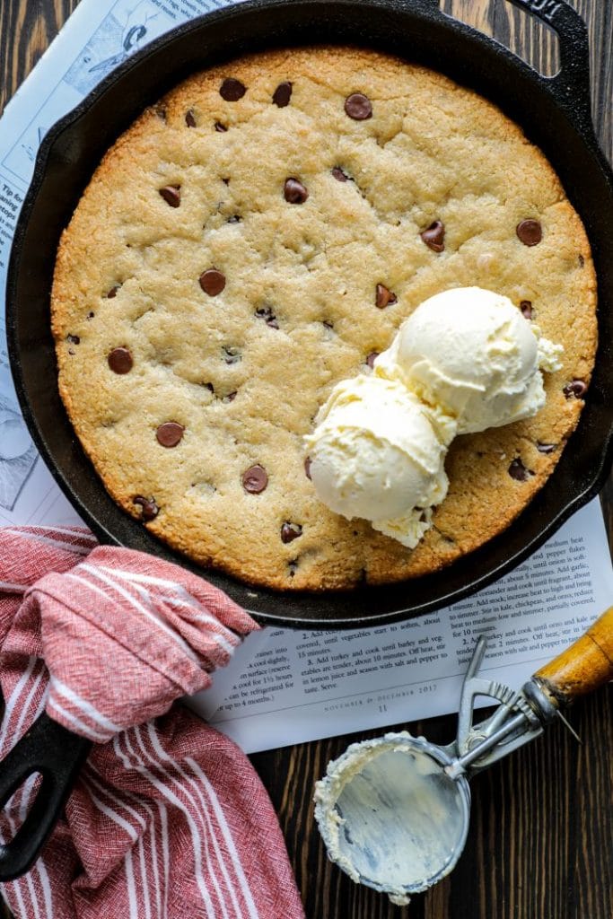 Keto Skillet Peanut Butter Chocolate Chip Cookies