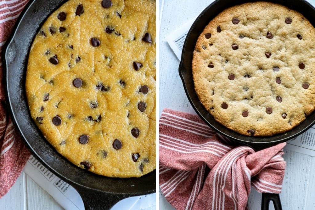 Keto Skillet Peanut Butter Chocolate Chip Cookie baked.