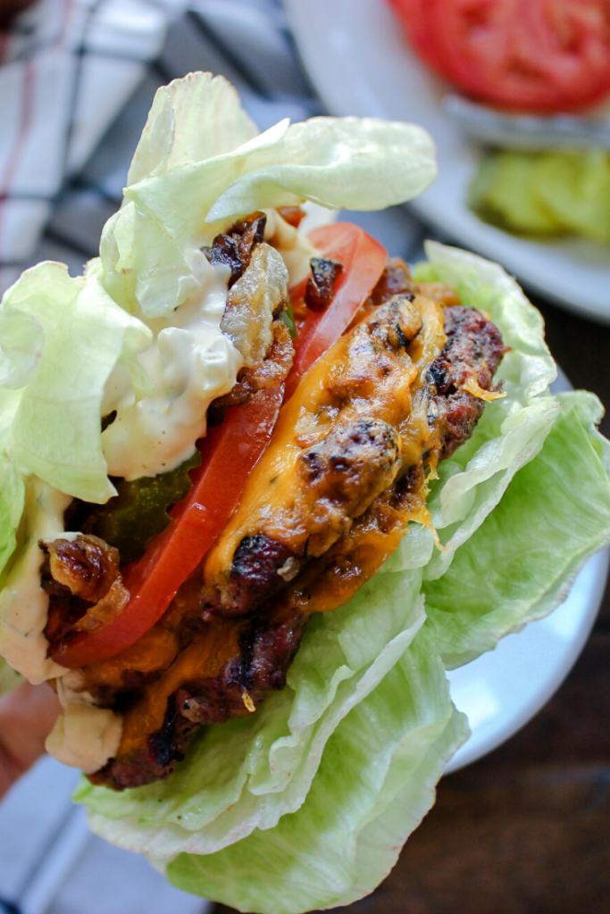 A close up of a keto in n' out burger. 