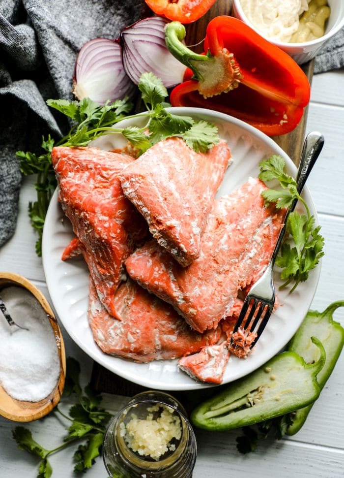 Pre-cooked leftover salmon on a plate