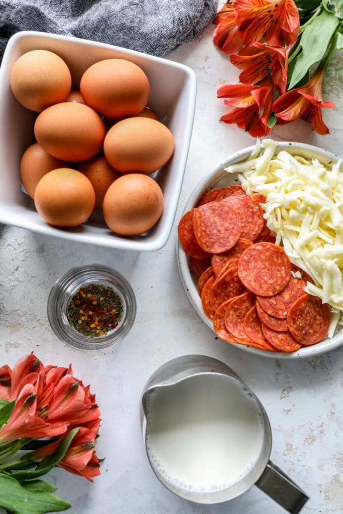 Keto Pepperoni Pizza Quiche ingredients on a table 