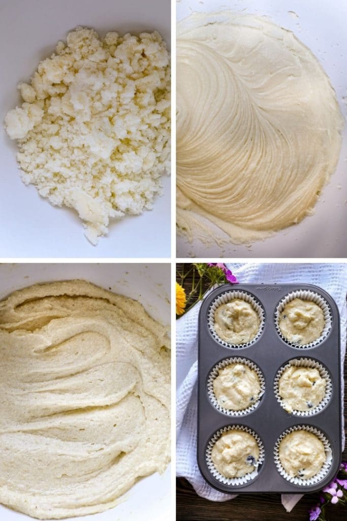 Steps for creaming the almond flour muffin batter together. 
