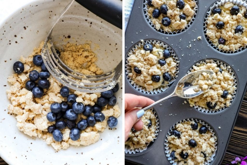 Keto blueberry muffin topping in a bowl and on the muffins. 