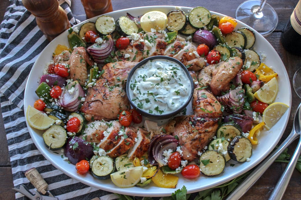 Grilled Greek Chicken with Marinated Kebabs and Tzatziki
