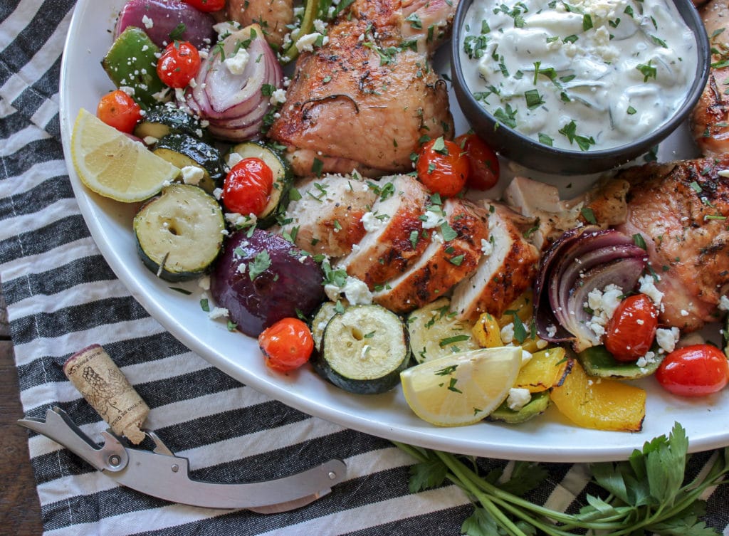 Grilled Greek Chicken with Marinated Kebabs and Tzatziki