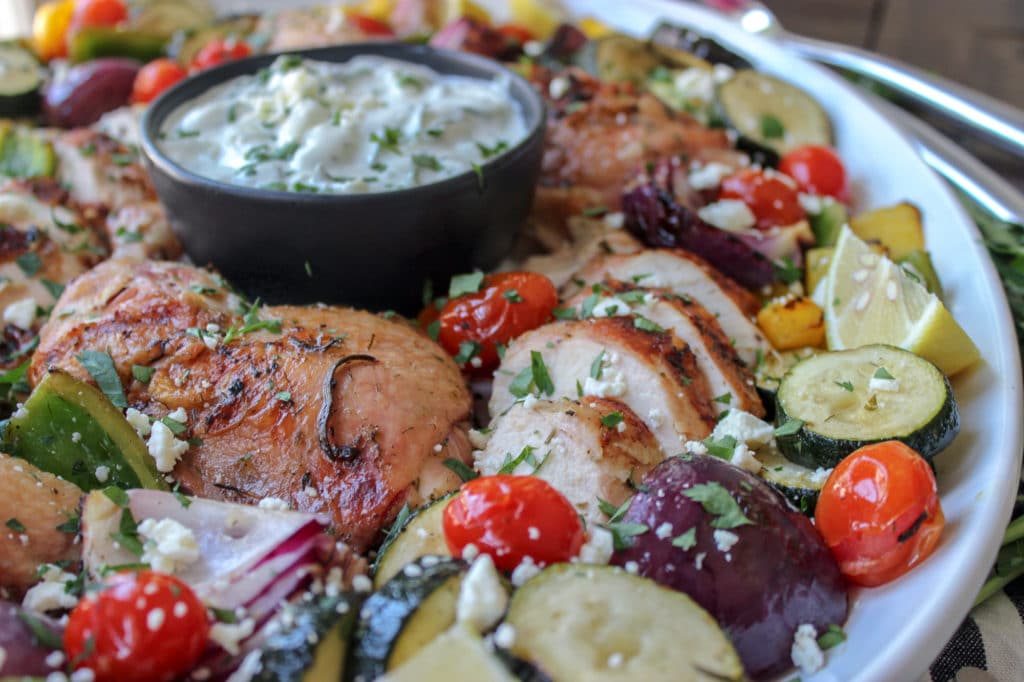 Grilled Greek Chicken with Marinated Kebabs and Tzatziki