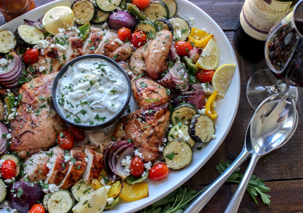 Grilled Greek Chicken with Marinated Kebabs and Tzatziki