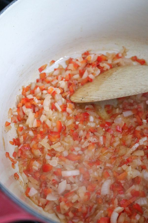 Sauteing peppers and onions in a dutch oven