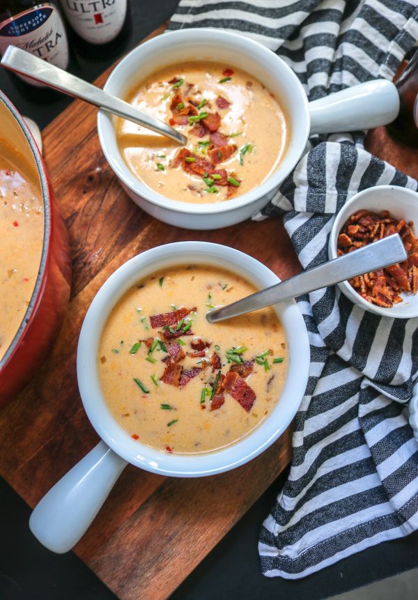 Two bowls of low carb beer cheese soup