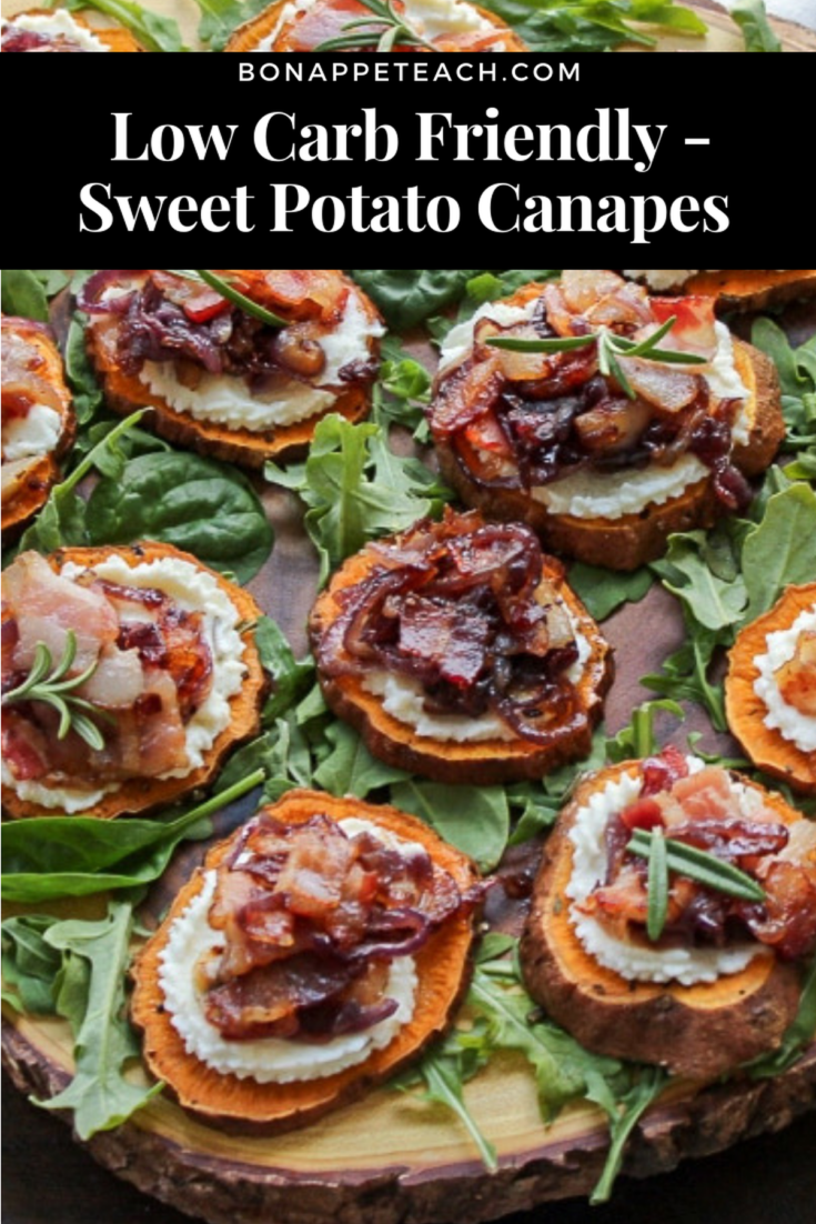 Sweet Potato Canapes with Goat Cheese Bacon, and Caramelized Onion