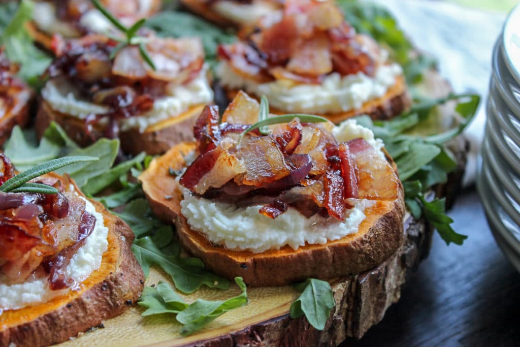 Sweet Potato Canapes with Goat Cheese, Bacon and Caramelized Onion