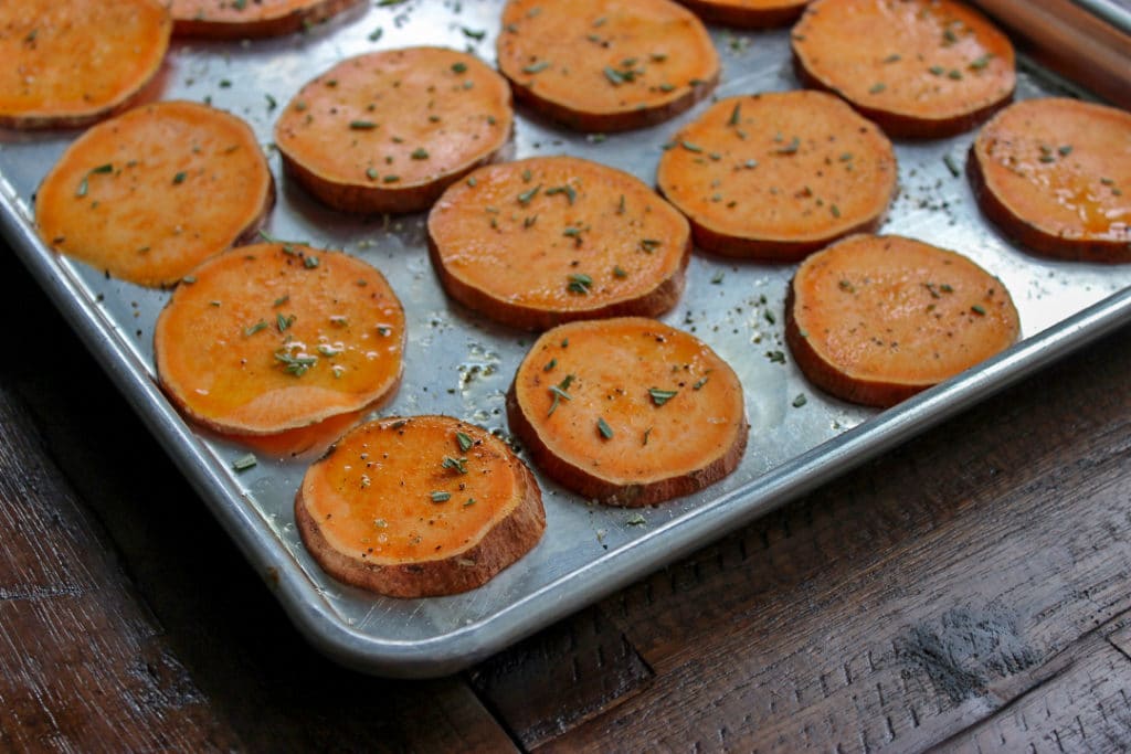 Sweet Potato Canapes with Goat Cheese, Bacon and Caramelized Onion