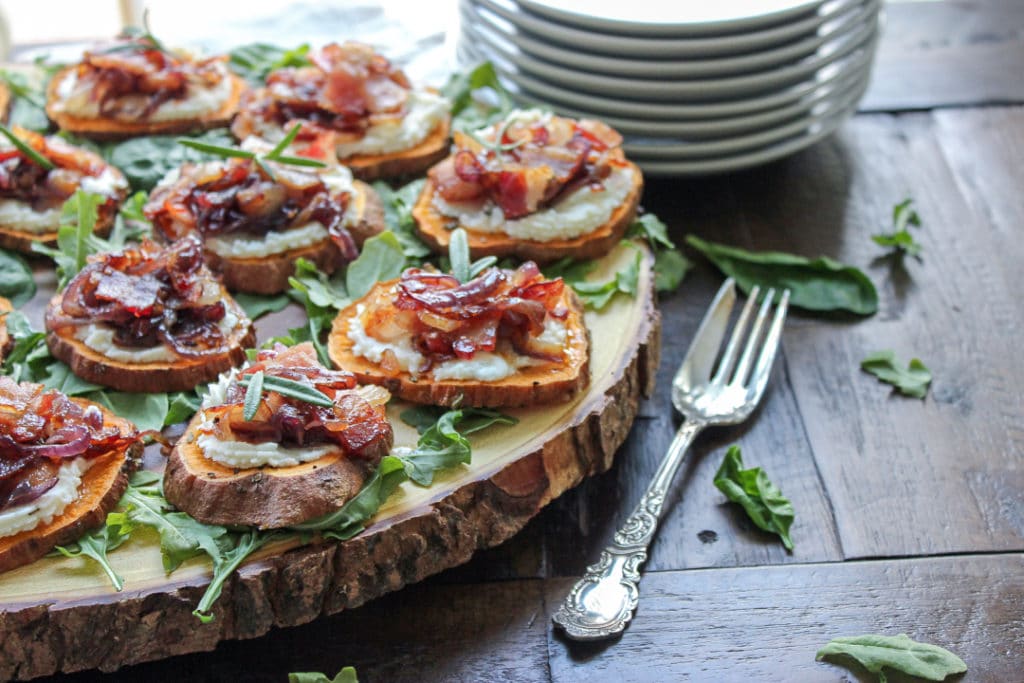 Sweet Potato Canapes with Goat Cheese, Bacon and Caramelized Onion