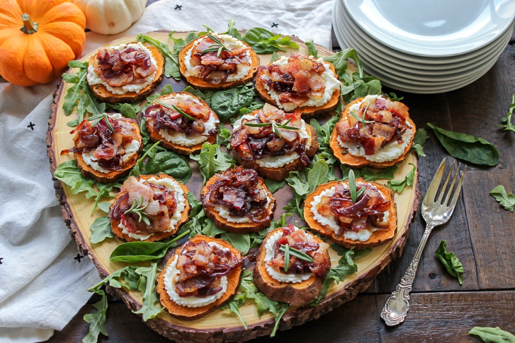 Sweet Potato Canapes with Goat Cheese Bacon, and Caramelized Onion