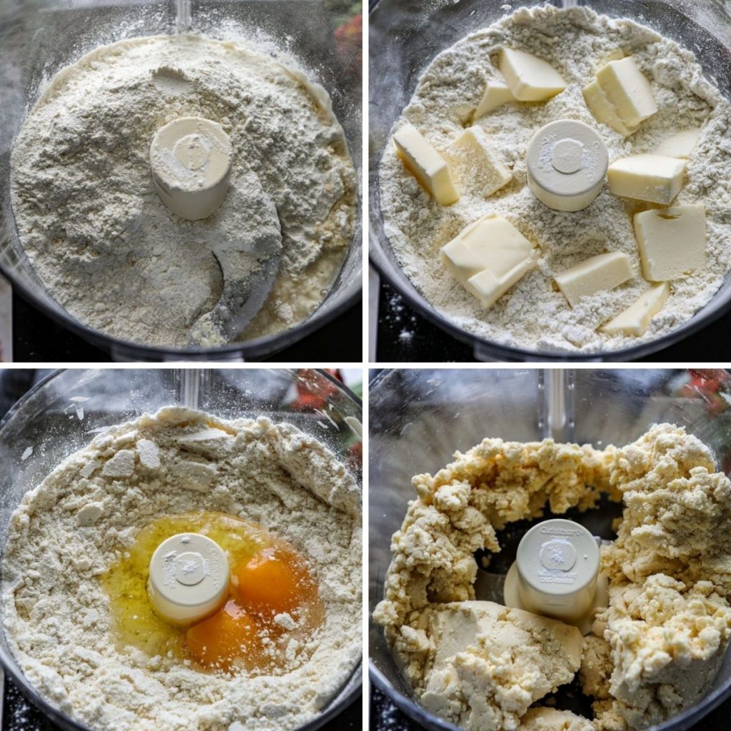 Keto almond flour pie crust dough steps in food processor