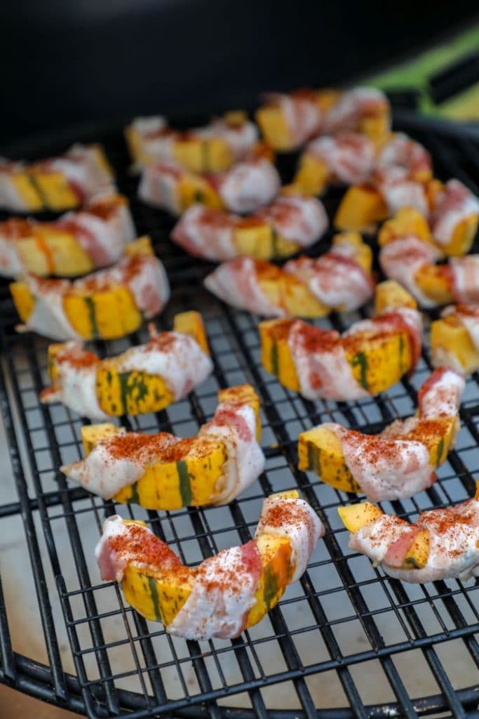 Low Carb BBQ Bacon Wrapped Delicata Squash on the grill