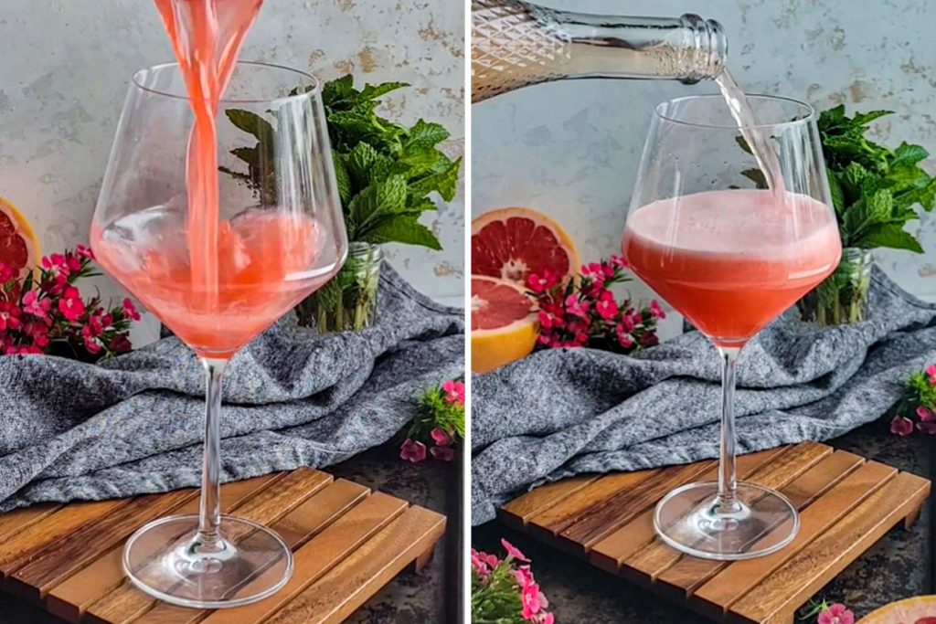 Pouring the rose over the spritz in a wine glass