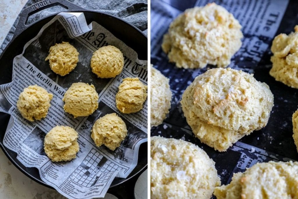 Raw biscuit dough to being baked