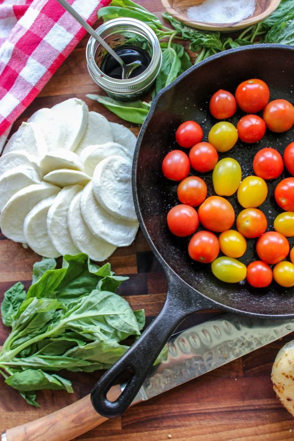 Cast Iron Caprese Dip with Low Carb Bagel Chips