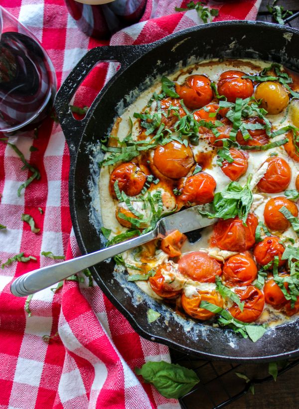 Cast Iron Caprese Dip with Low Carb Bagel Chips