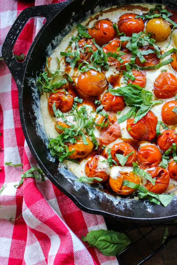 Cast Iron Caprese Dip with Low Carb Bagel Chips