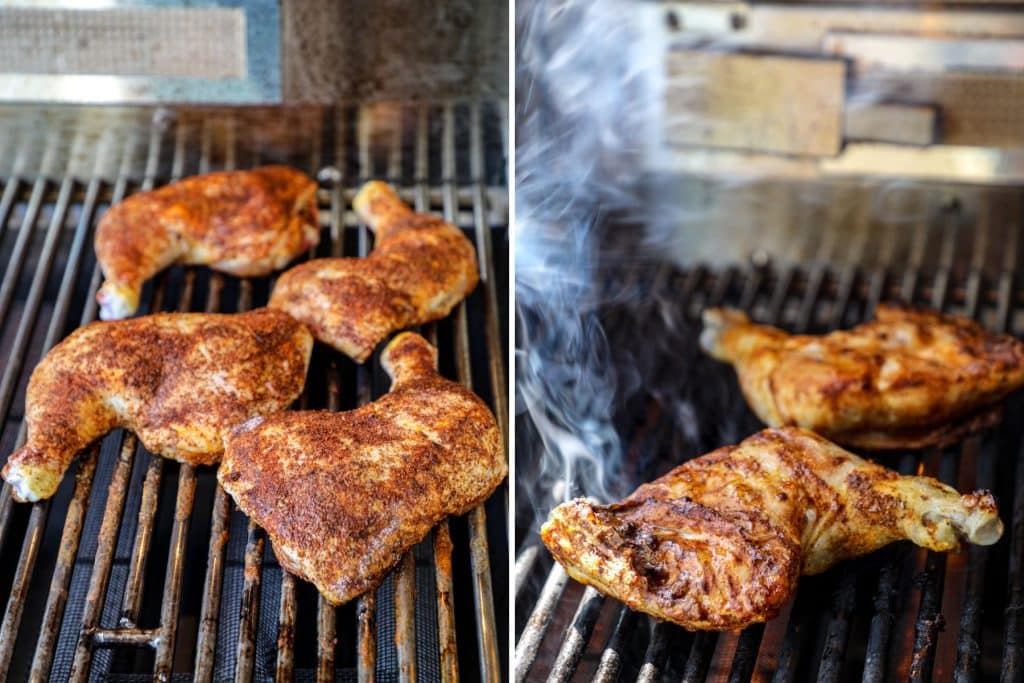Indirect and direct grilling chicken quarters