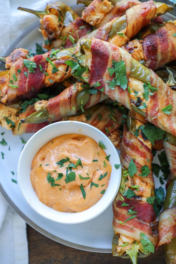 Grilled Bacon Wrapped Hatch Chili Poppers