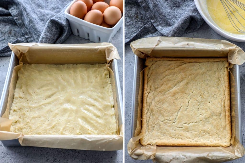 Keto lemon bar cookie base in a pan