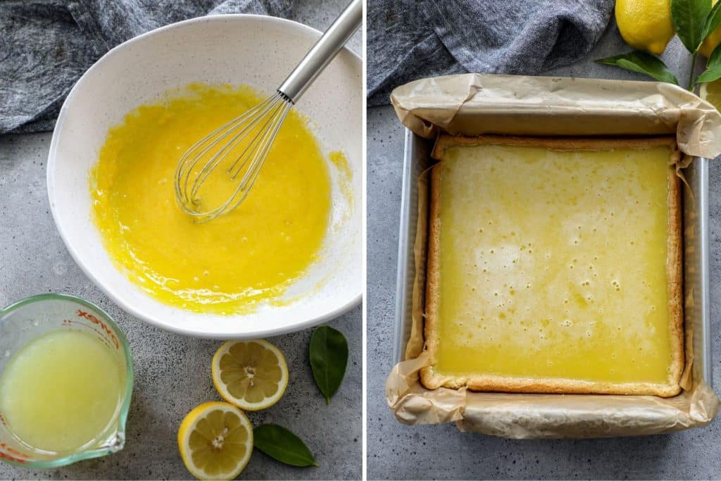 Keto lemon bar filling poured over the crust