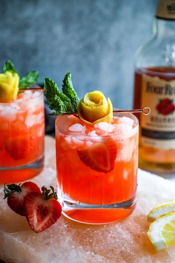 Strawberry Lemonade Keto Whiskey Smash in a rocks glass