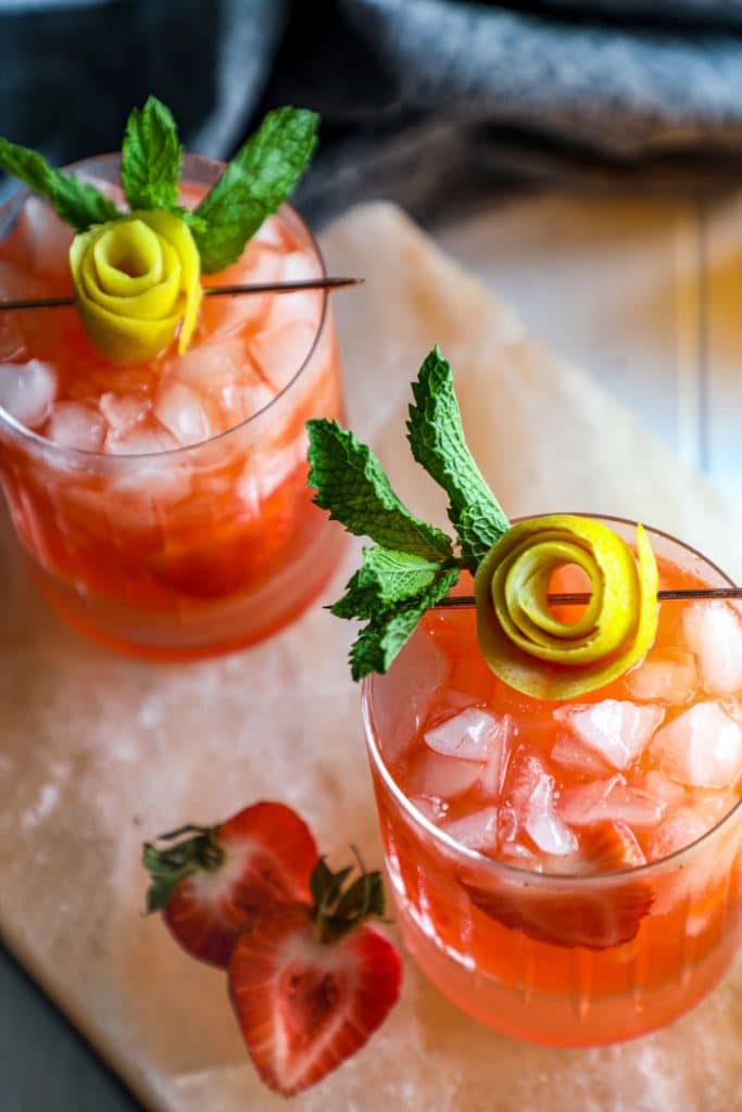 Strawberry Lemonade Keto Whiskey Smash in a rocks glass overhead shot