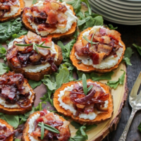 Sweet Potato Canapes with Goat Cheese Bacon, and Caramelized Onion
