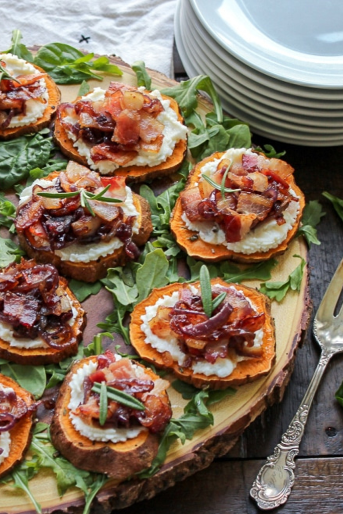 Sweet Potato Canapes with Goat Cheese Bacon, and Caramelized Onion
