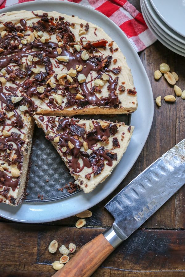 Easy Keto Chocolate Peanut Butter Pie with Keto Candied Bacon