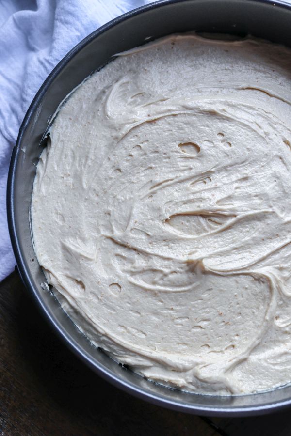 keto peanut butter pie filled into a cake pan