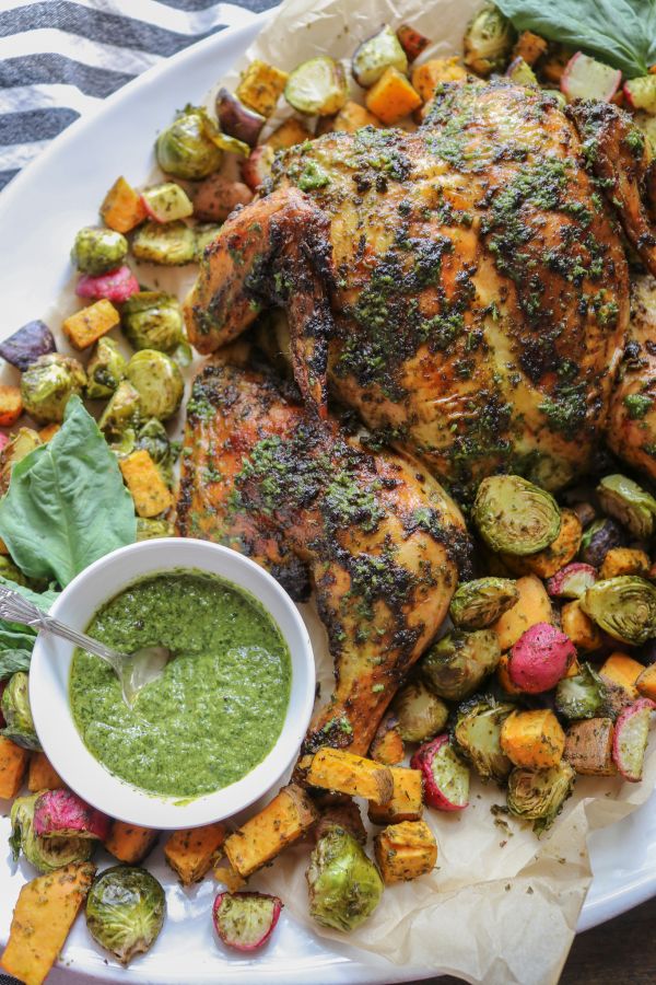 Whole Roasted Spatchcock Pesto Chicken & Veggies