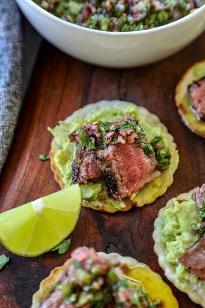 Steak with Cranberry Chimichurri Sauce on a crostini